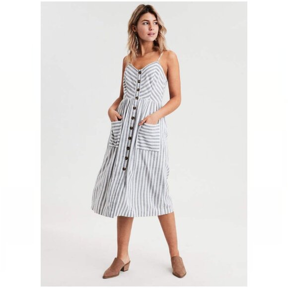 AEO Striped Button Front Midi Dress - Picture 1 of 10